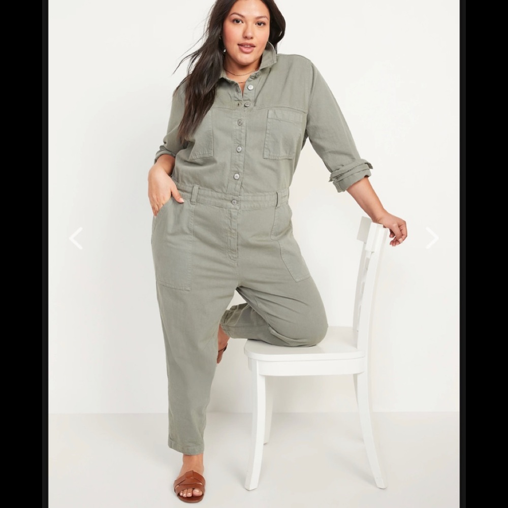 Old Navy Long-Sleeve Cropped Jean Utility Jumpsuit XXL Pine